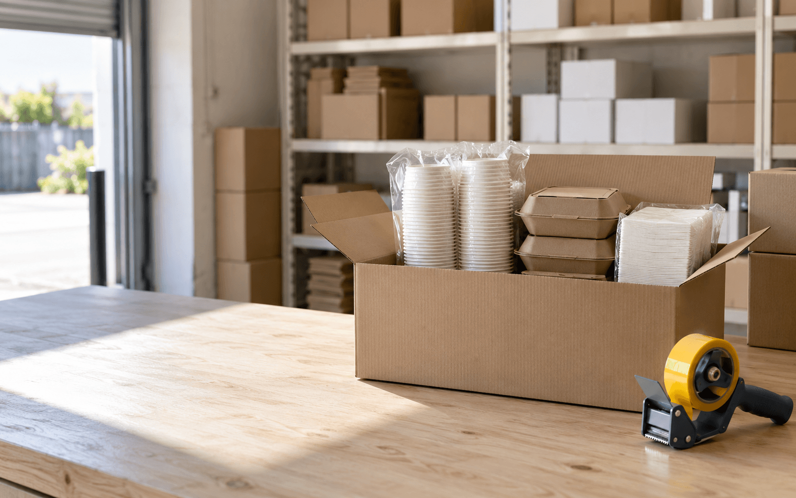 Open carton of cups, meal boxes and lids on the packing bench in the PrestoPak warehouse
