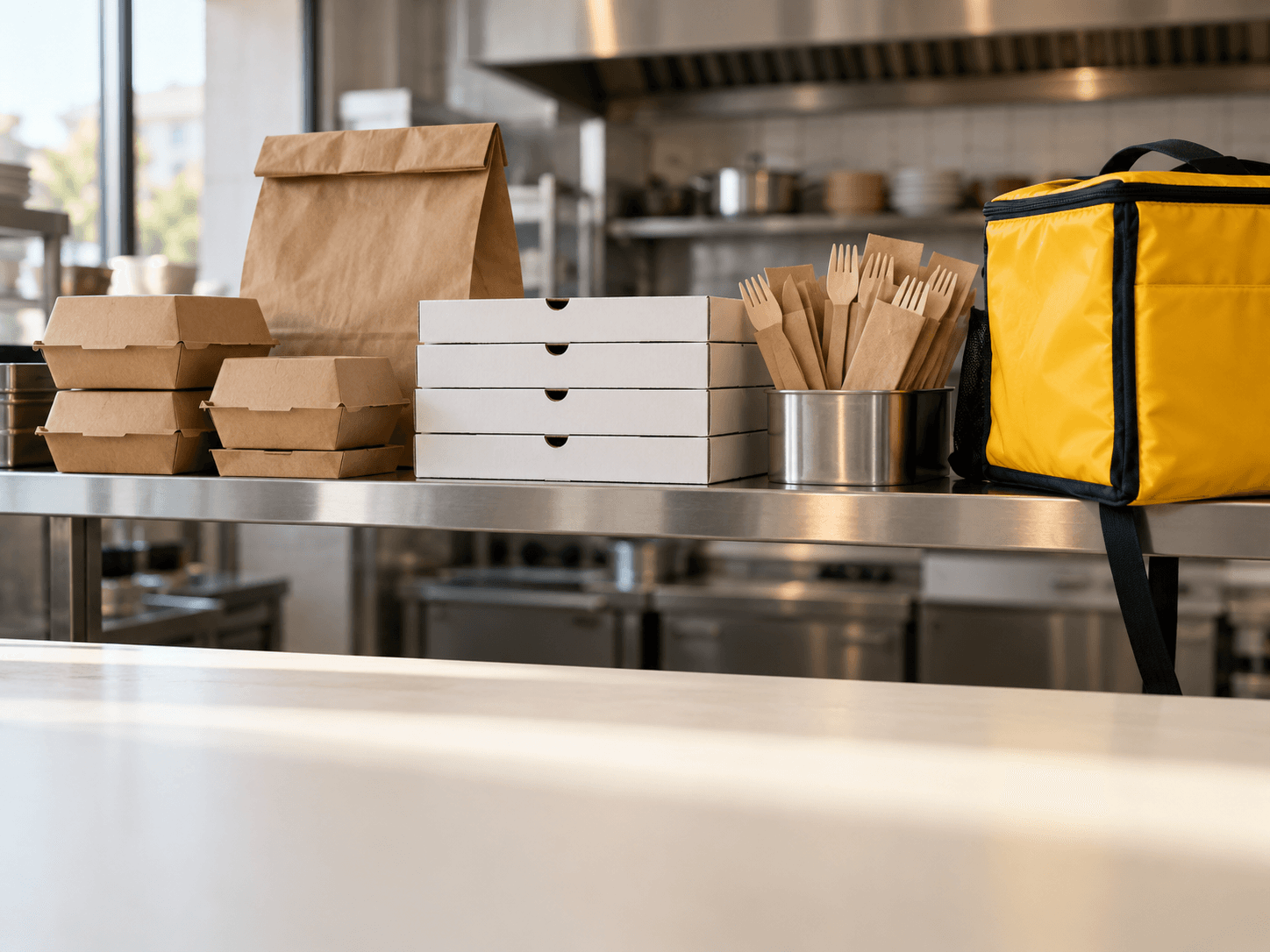 Packed takeaway boxes and a yellow delivery bag ready to go out