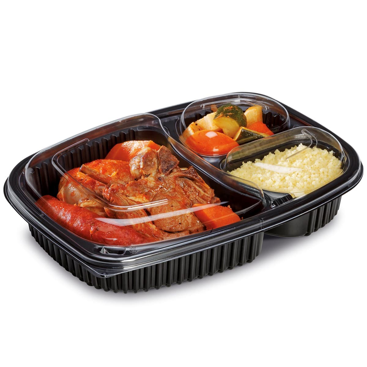 36oz Black 3-Compartment Microwaveable Container (255x190x45mm)