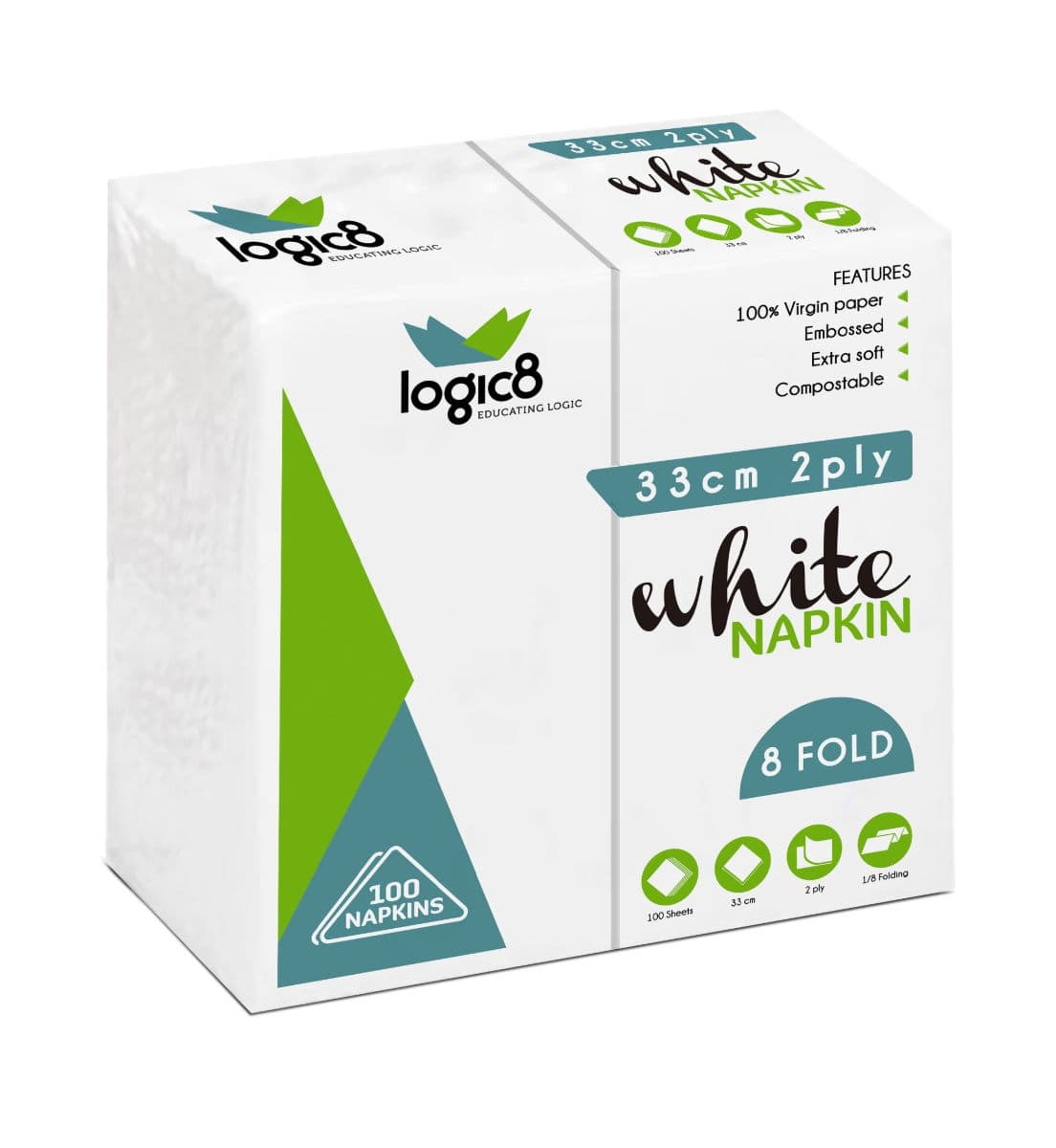White Napkins 33cm 2ply 8-Fold