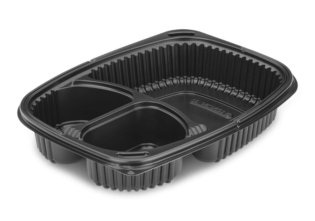 34oz Black 3-Compartment Microwaveable Container