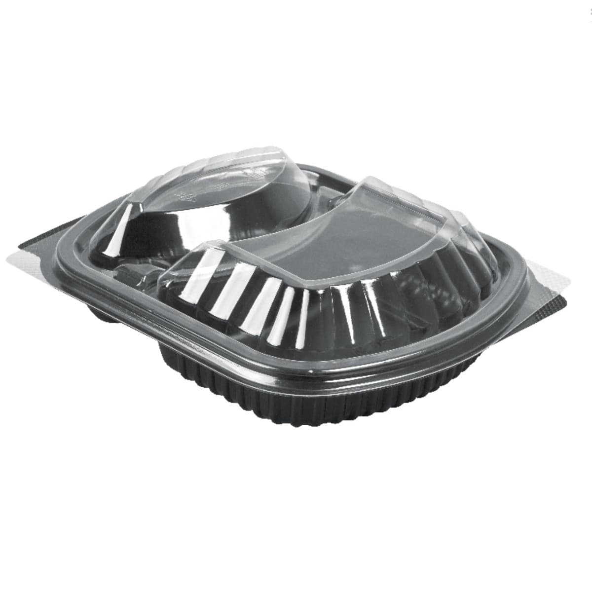 36oz Black 2-Compartment Microwavable Container & Lid (255x190x45mm)