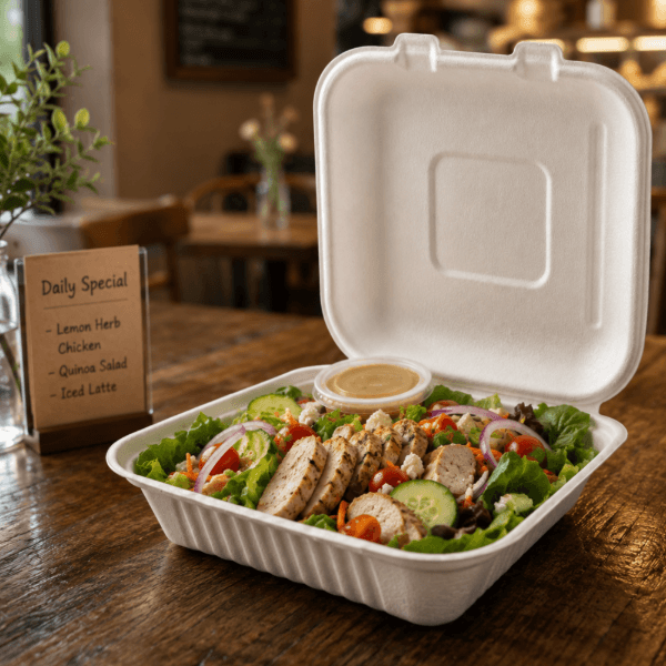 Bagasse Meal Box with Hinged Lid (9x9") 2