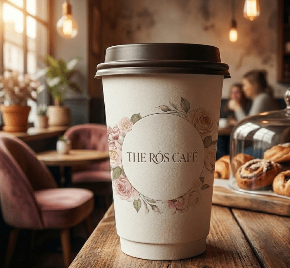 A printed double-wall cup for The Rós Café on a café table