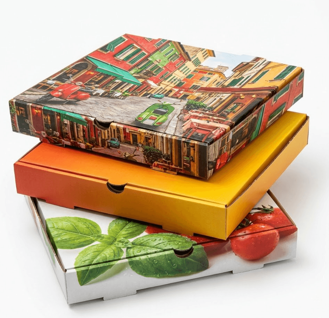 Three printed pizza boxes stacked on a white background